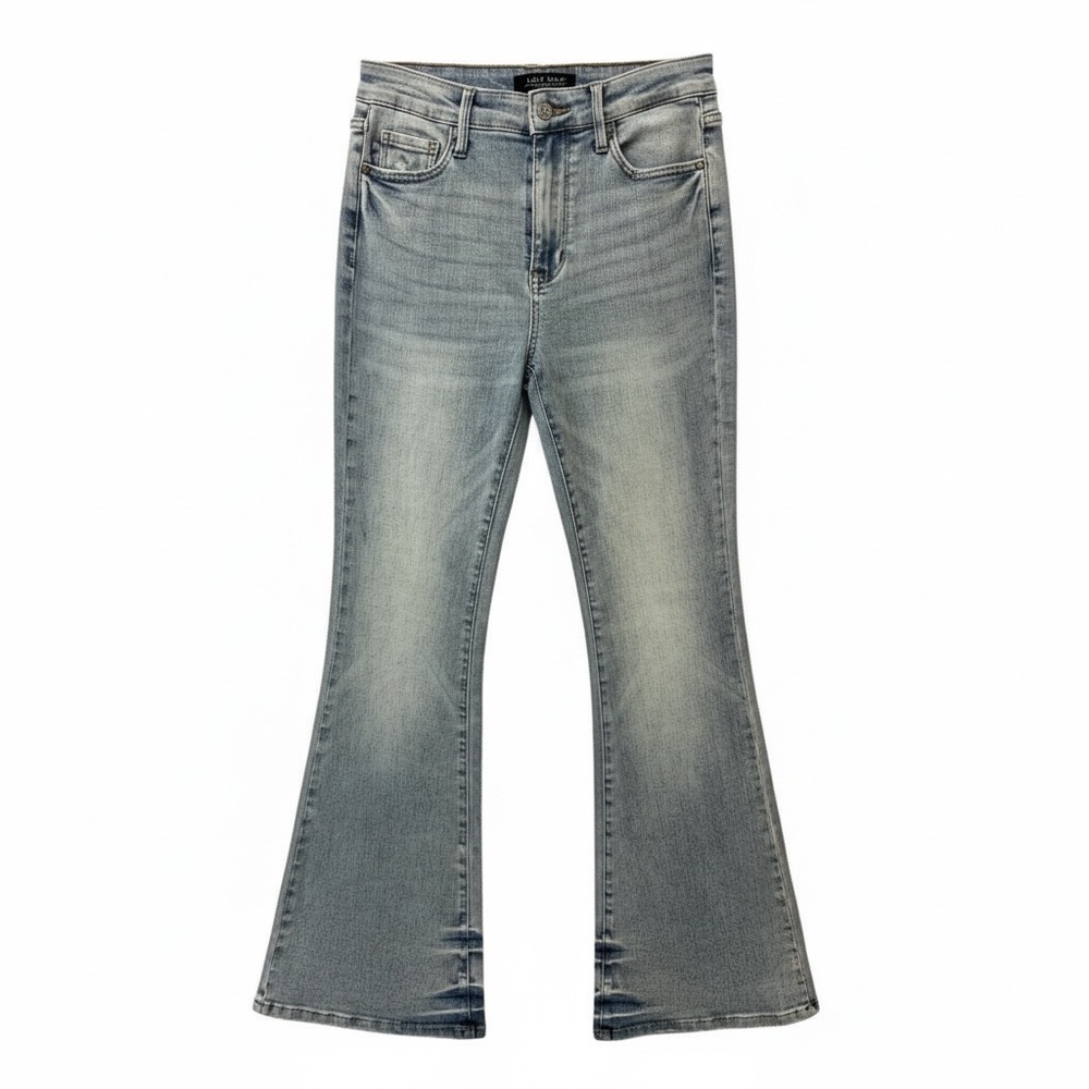 Judy Blue Medium Blue Mid Rise Flare Jeans – Tinted Pin Tack Detail, Stretchy &